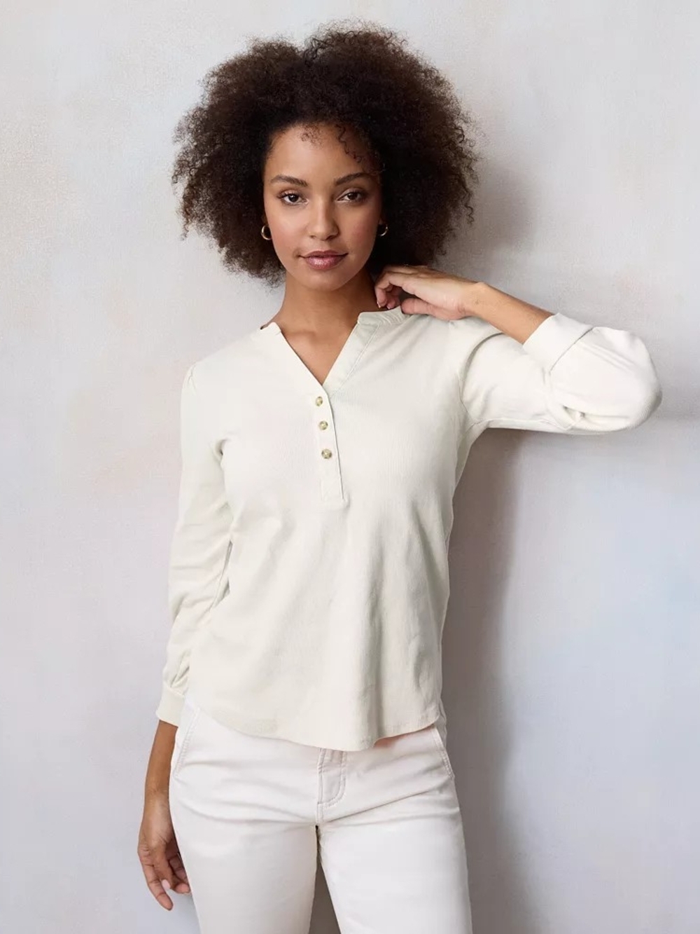 LC Lauren Conrad Women's Cream Henley Long-Sleeve Top (D6-25)